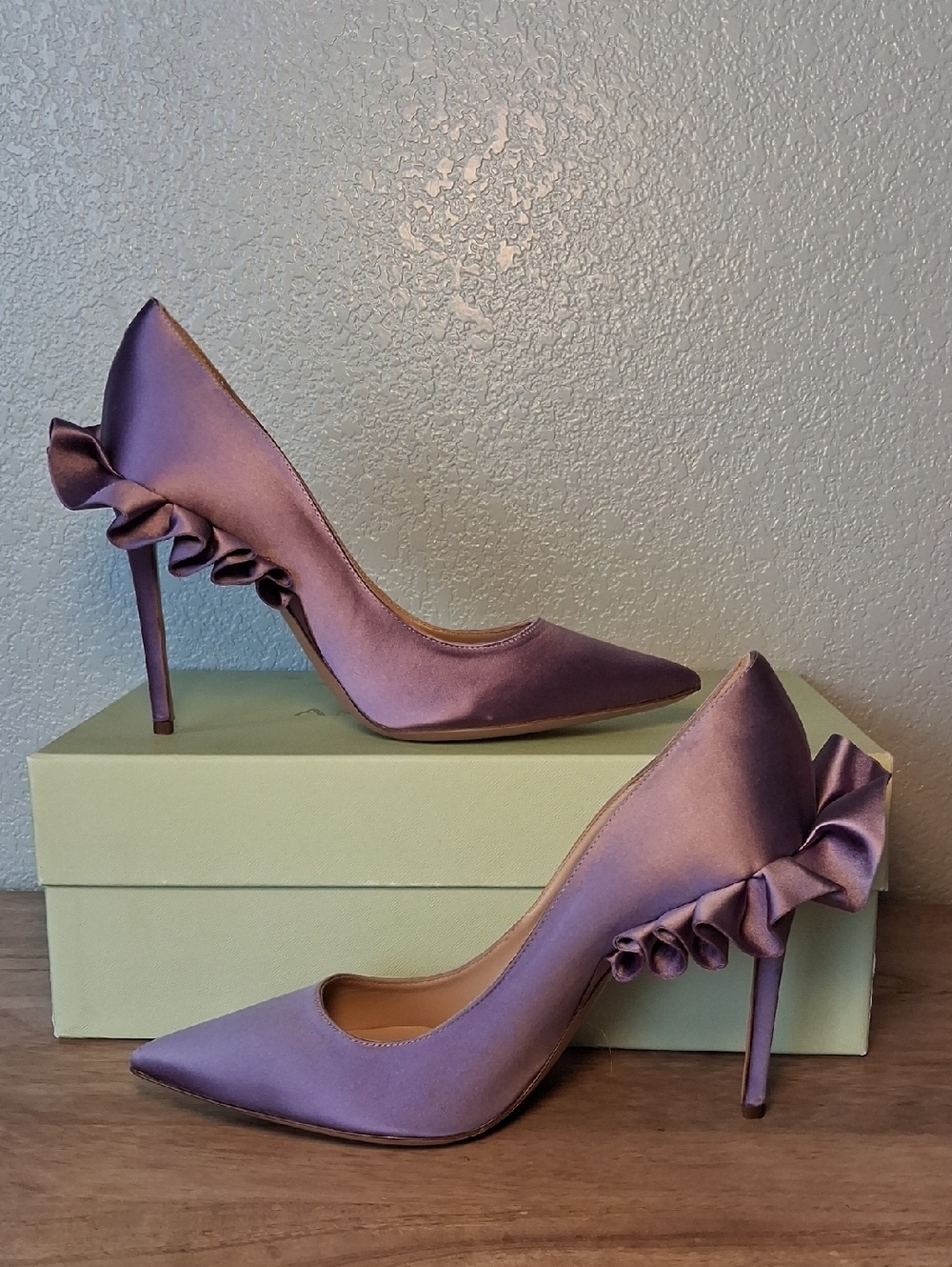 Andrea Wazen Satin Pointed-Toe Stiletto Heels with Ruffle Detail - Lilac